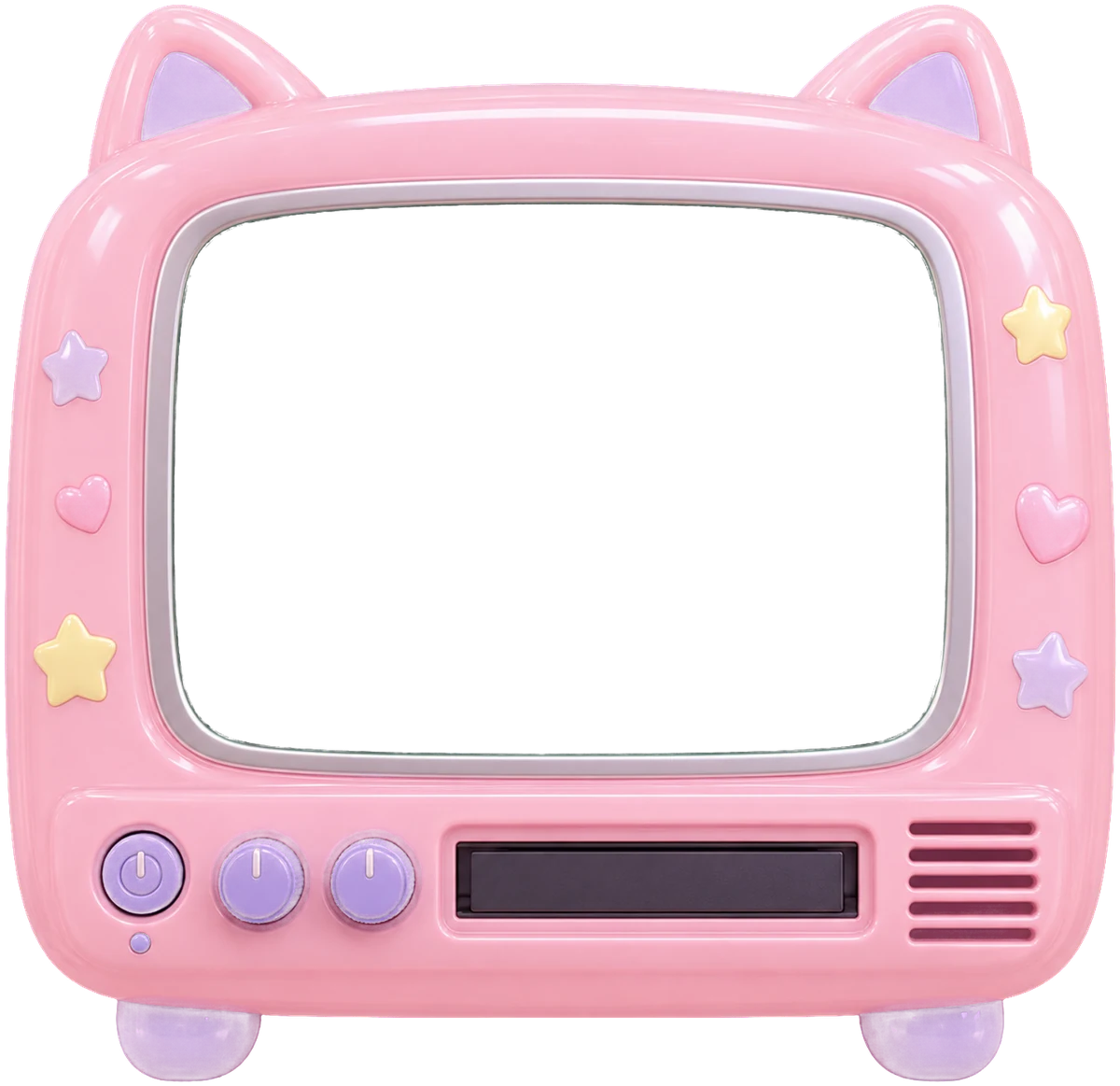 Uma TV de brinquedo rosa com orelhas de gato